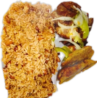 Rice and beans with meat, onions and fried plantain